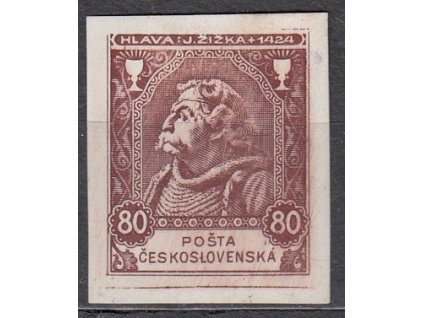 Nerealizovaný návrh na čs. zn. 80h Jan Žižka, cca 1920, * po nálepce, silná nálepka
