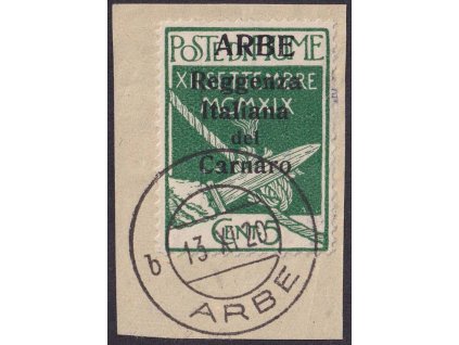 1920, Arbe, 5 C s přetiskem, MiNr.20, DR Arbe, ohnutý růžek výstřižku