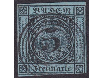 Baden, 1858, 3 Kr černá/modrá, MiNr.8, razítkované, lehký lom