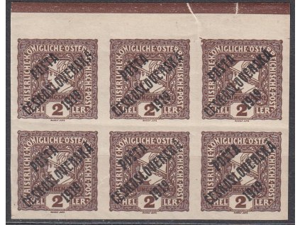 2h novinová, krajový 6blok - 2 vrypy v okraji, známka platná v ČSR, **, přeloženo mezi zn.