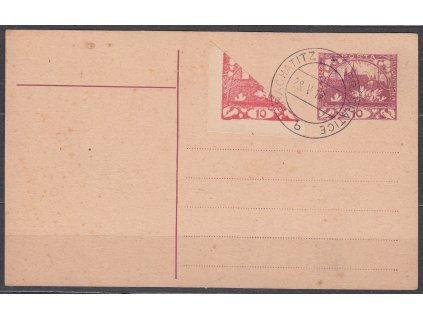 Dopisnice 10h Hradčany dofrankovaná půlenou zn. 10h červená, razítko PRACHATICE, neprošlé, skvrnky, ilustrační foto