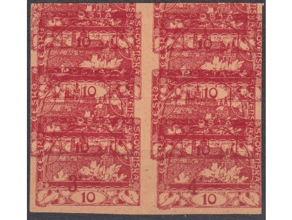 10h červená, ZT - makulatura, nahnědlý papír, 4blok, dvojitý tisk, Nr.5, bez lepu