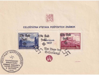 50h-1Kč aršík Bratislava, přetisk Wir sind frei!, razítka, kvalita - viz. foto