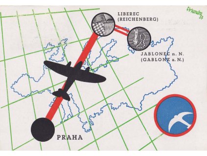 1937, I. let Praha-Liberec, propagační karta, prošlé