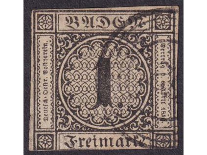 Baden, 1851, 1 Kr černá/sametová, MiNr.1, razítko, lehké stopy stáří