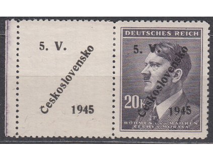 20K Hitler, známka s kuponem a přetiskem 5.V.ČESKOSLOVENSKO 1945, * po nálepce
