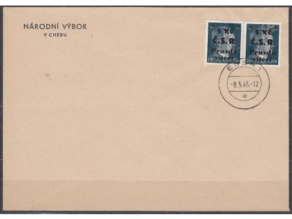Dopis vyfr. 2páskou zn. 6Pfg Hitler s přetiskem 1Kč Č.S.R. PRAVDA VÍTĚZÍ, razítko EGER 8.5.45, neprošlé