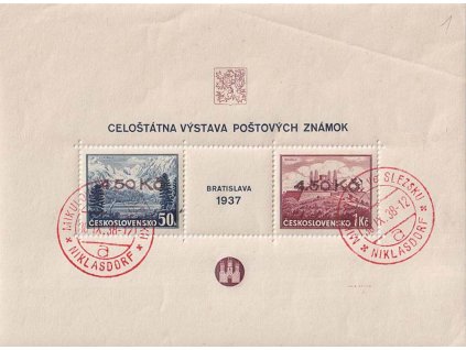 50h-1Kč aršík Bratislava, přetisk 4.50 Kč, razítko Mikulov, lom v rohu