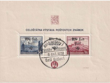 50h-1Kč aršík Bratislava, přetisk Wir sind frei!, razítko Reichenberg