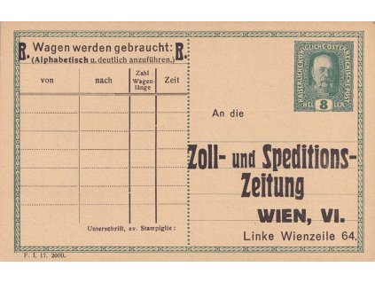 1916, Zoll-und Speditions-Zeitung, Wien, oboustranný přítisk na dopisnici
