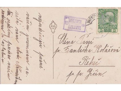 1912, DR Warnsdorf + poštovna OULICE, zasl. do Řeheče, dv růžky,