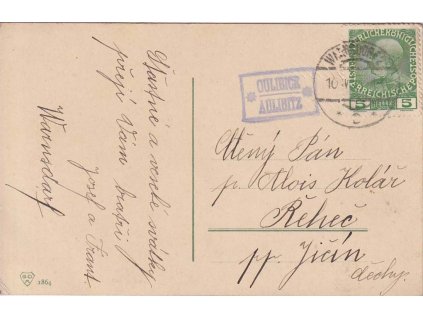 1911, DR Warnsdorf + poštovna OULIBICE, pohled zasl. do Reheče, dv růžek
