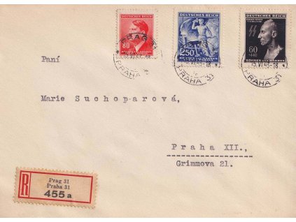 1943, DR Praha, R-dopis zasl. v místě, hezká frankatura, stopy provozu
