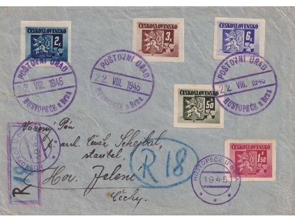 Hustopeče u Brna, R-dopis zasl. v roce 1945 do Horního Jelení, horší jakost