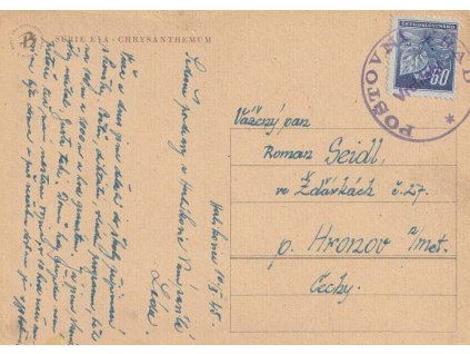 Vrchlabí, pohlednice zasl. v roce 1945 do Hronova, stopy pošt. provozu