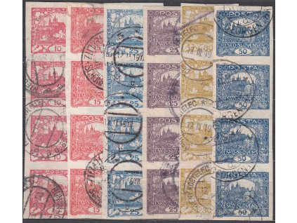 10-50h Hradčany, 6 ks svislých 4pásek, různé hodnoty, razítkované