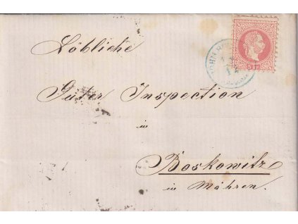 1873, modré DR Böhm. Rudolec, skládaný dopis vyfr. zn. 5 Kr Franc Josef,