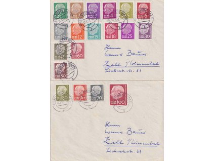 Saarland, 1957, DR Riegelsberg, 2 ks obálek vyfr. sérií zn. 1-100 Fr Heuss, MiNr.380-98, prošlé, stopy pošt. provozu