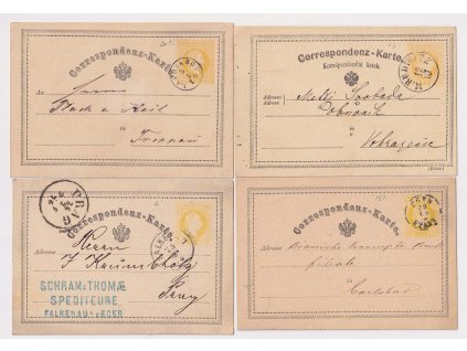 1870, 4 kusy dopisnic 2 Kr žluťásek, DR Eger, M.Budwitz, Landskron