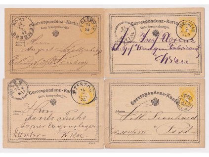 1875, 4 ks dopisnice 2 Kr žluťásek, DR Hall, Jaroslau, Rzeszów a Kolomyja