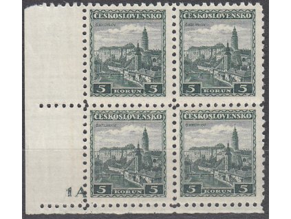 1932, 5Kč Krumlov, rohový 4blok s DČ 1A + dvojitá moletáž Č.KRUMLOV, Nr.267, **