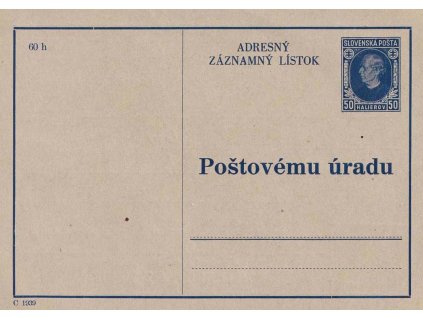 1939, Adresný záznamný lístok 50 h Hlinka, neprošlé