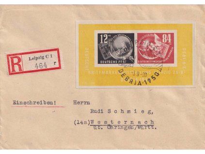 1950, R-dopis vyfr. aršíkem DEBRIA, zasláno v Německu, stopy provozu