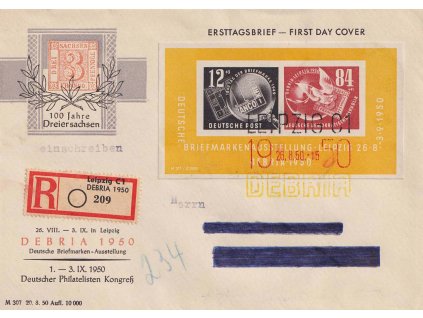1950, R-FDC vyfr. aršíkem DEBRIA, DR Leipzig, Debria, prošlé, začerněná