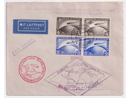 1930, Südamerikafahrt, dopis vyfr. pestrou frank. zeppelinových známek,