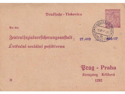 1940, dopisnice Ústřední sociální pojišťovny, DR Benešov, zasl. v roce 1940 do Prahy, lehká omačkání