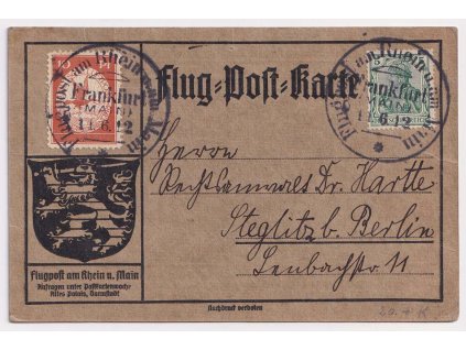 1912, letecká karta vyfr. zn. 5 Pf Germanie + letecká 20 Pf, DR Darmstadt,