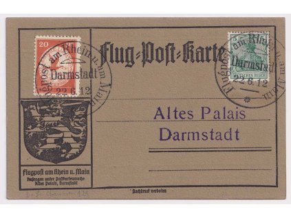 1912, letecká karta vyfr. zn. 5 Pf Germanie + letecká 20 Pf, DR Darmstadt,