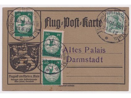 1912, letecká karta vyfr. zn. 5 Pf Germanie + 3krát letecká známka 30 Pf,