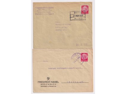 Sudety, 1938, 2 ks dopisů, provizorní razítka Zwickau a Aussig, prošlé