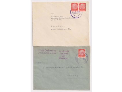 Aussig, 1938, 2 ks firemních dopisů, provizorní razítka Aussig, prošlé