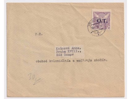 1939, Obchodní tiskopis vyfr. zn. 10 h Sokol s přetiskem O.T., DR Praha