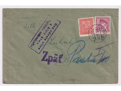 1939, dopis vyfr. zn. 20h a 1Kč, zasl. na Slovensko, vráceno Zpět, DR Praha