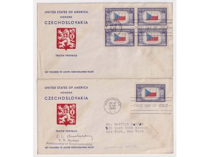 USA, 2 ks pamětních obálek vyfr. zn. 5 C Vlajka Československa, číslované,