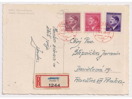 Praha, 1945, R-pohlednice vyfr. zn. 60h+1.20K+1.50K Hitler, červená DR Praha