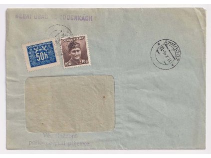 1945, úřední dopis vyfr. smíš. frankaturou výplatní a doplatní známek 10h