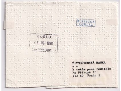 1996, Slepecká zásilka zasl. v roce 1996 na Živnostenskou banku, zajímavé