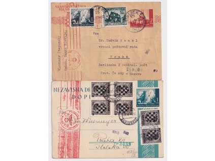 1941, 2 ks dopisnic, zajímavé frankatury, DR Osiek resp. Zavigovič, prošlé