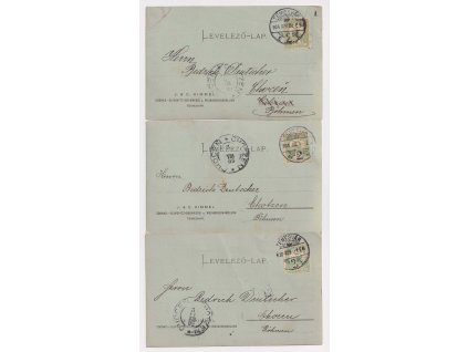 Maďarsko, 1902, 3 ks karet vyfr. zn. 5 f Turul (perfin), DR Temesvár, prošlé