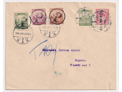 1919, celinová obálka 10 f dofr. zn. 5 f, zasláno v roce 1919 z Györu do Sopronu,