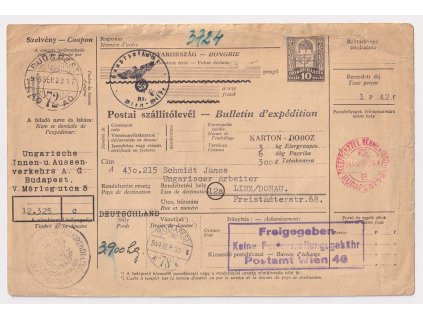 1944, celinový poštovní formulář 10 f, prošlé v roce 1944 z Maďarska