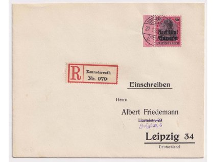 Bayern, R-dopis vyfr. zn. 80 Pf Germanie s přetiskem, DR Konradsreuth,