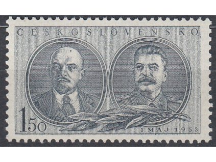 1953, 1.50Kčs Lenin a Stalin, DV - tečka na čele Lenina, Nr.724, **