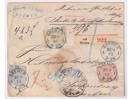 Nordpostbezirk, R-dopis vyfr. pestrou frankaturou známek, DR Bremen,