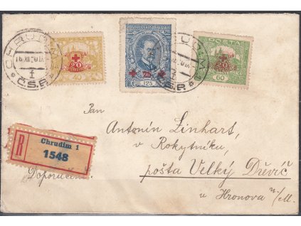 R-dopis vyfr. sérií zn. ČK, razítko CHRUDIM 16.12.20 + příchozí VELKÝ DŘEVIČ