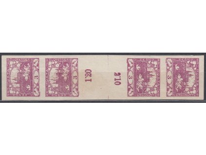 3h fialová, 4známkové nepřeložené meziarší, Nr.3M, * po nálepce, lehký lom